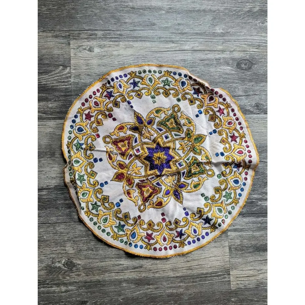 2 Vintage Cross Stitch Round Small Table Toppers Decor Handmade Placemats 13
